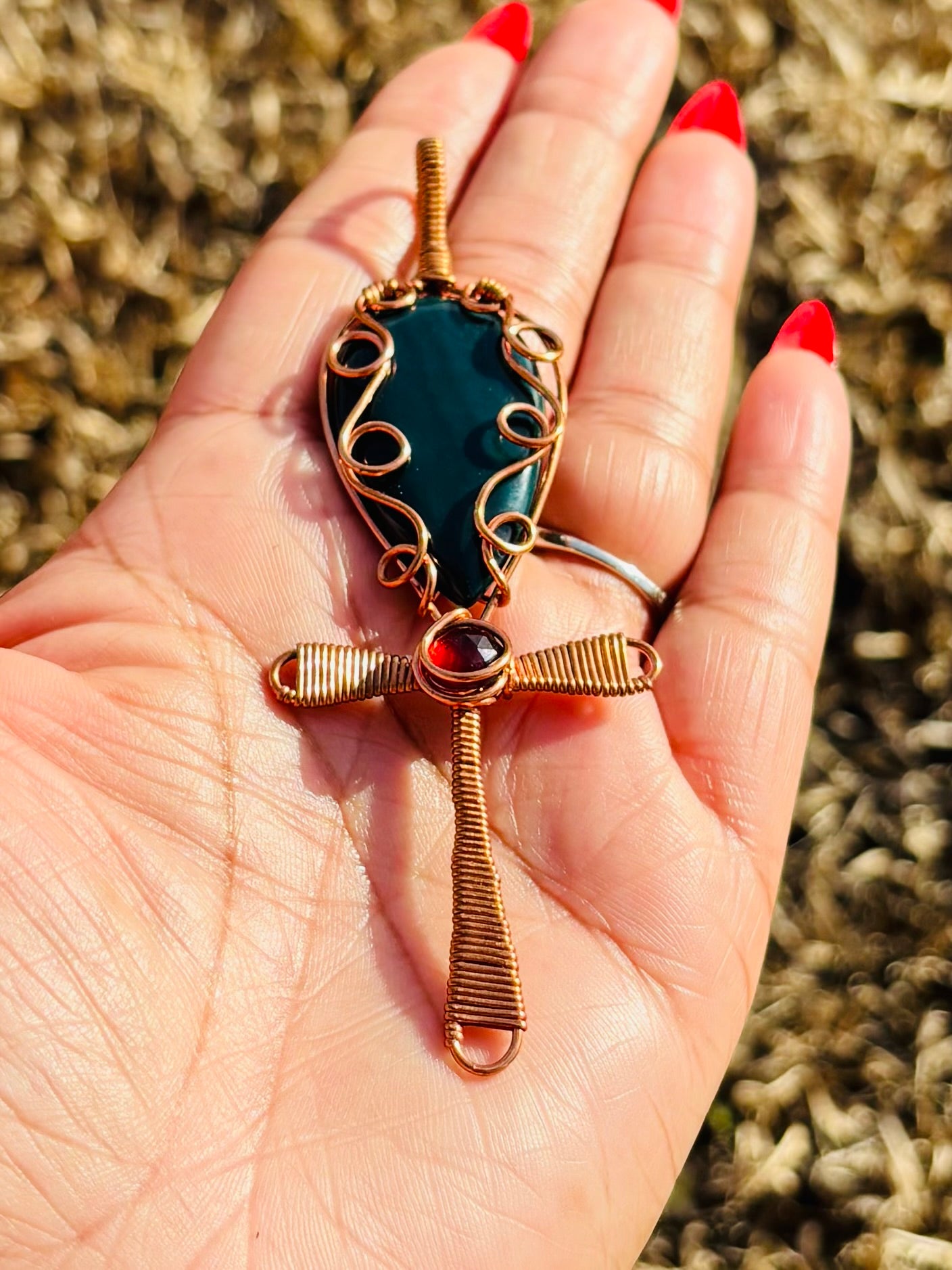 Copper Ankh w/Jasper & Garnet Necklace