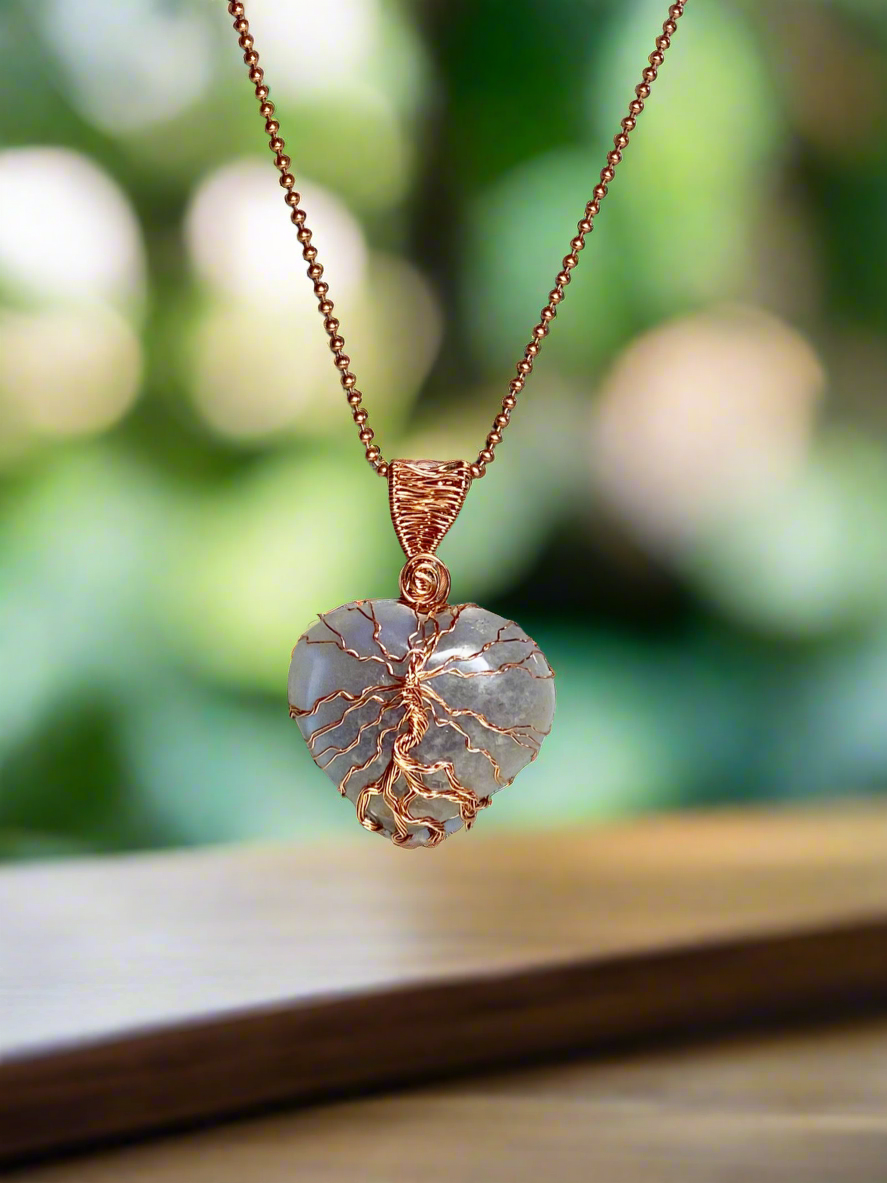 Grey Agate Tree Of Life Heart Necklace